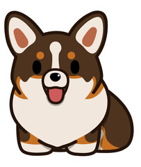 笑顔のおすわりする尻尾のないコーギー(トライカラー)