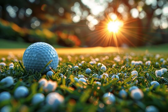 Close-up of a single golf ball on dew-laden grass, illuminated by the warm rays of a rising sun