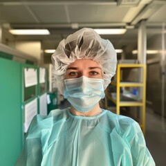 The image shows a person wearing medical protective gear, which includes a bouffant-style hair cover and a light blue surgical mask
