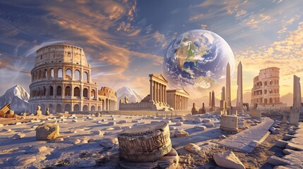 Elegant Journeys: A Crystal-Clear Panorama of Humanity's Masterpieces, Artfully Arranged Around a Flawlessly Rendered Earth Globe - obrazy, fototapety, plakaty
