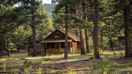 Fototapeta na wymiar A quaint wooden cabin nestled among tall pine trees in a tranquil forest clearing.