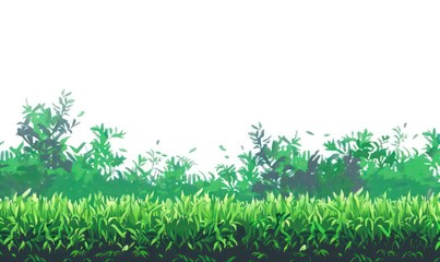 A vibrant illustration of thick green grass and varied leafy plants against a stark white background, depicting natural growth and serenity
