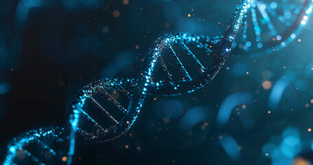 A DNA strand is shown in a blue  color scheme. The image is abstract and has a futuristic feel to it