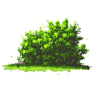 This image showcases a low-resolution, pixel art style bush with various shades of green, giving it a vibrant, digital look suitable for modern designs