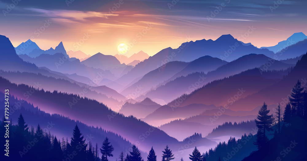 Aufkleber a beautiful mountain range with a purple sky and a sun in the background. the mountains are covered 