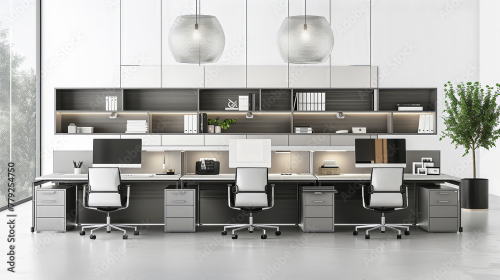 Aufkleber a large office space with a row of desks and chairs. the desks are all empty and the chairs are all 
