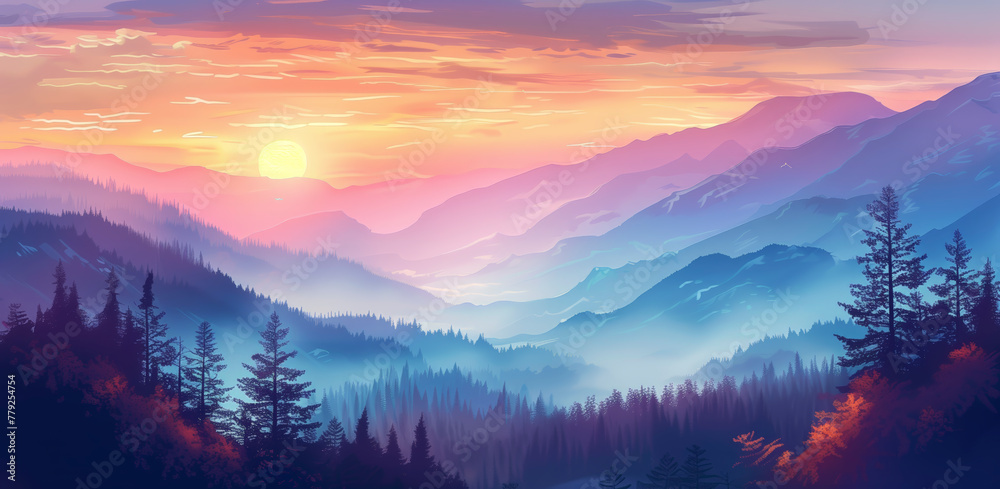 Aufkleber a beautiful mountain range with a purple sky and a sun in the background. the mountains are covered 