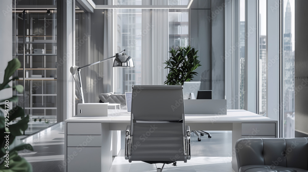 Aufkleber a modern office with a large window and a potted plant. the room is well-lit and has a clean, minima