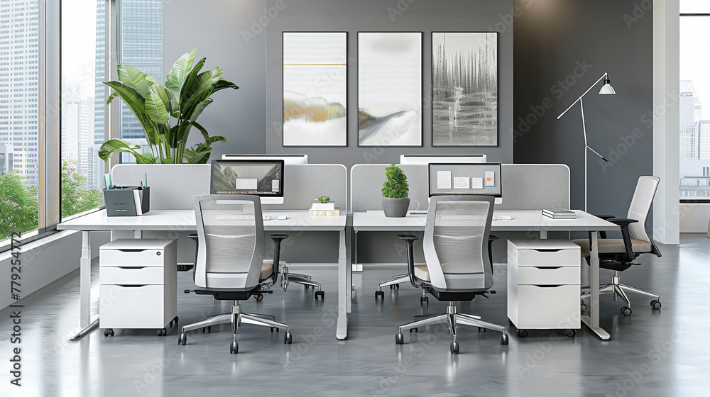 Aufkleber a modern office with a large window and a view of the city. the office has a white color theme and i