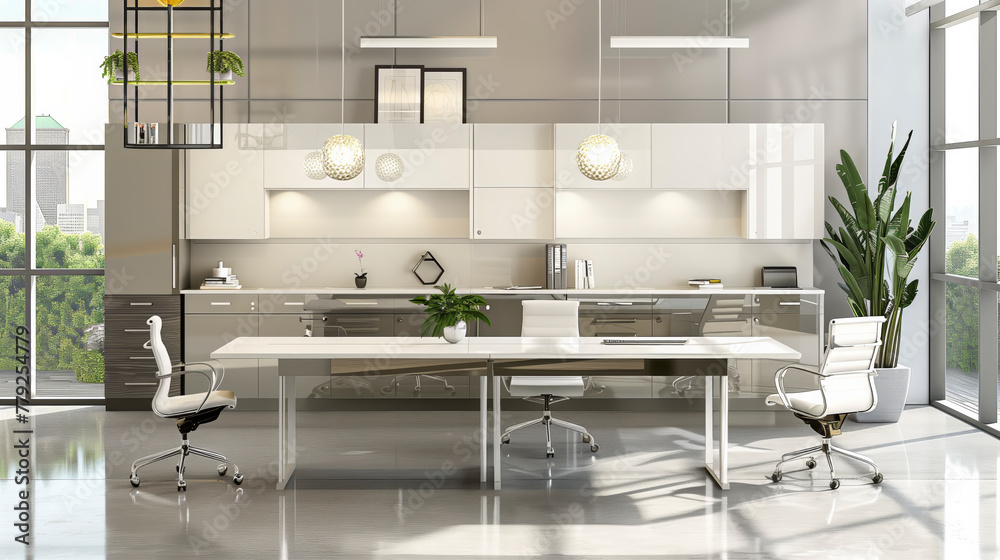 Aufkleber a modern office with a large window and a view of the city. the office has a white color theme and i