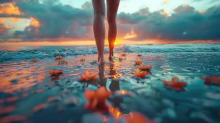 A beautiful woman legs is walking on the water of  beach sea water against the backdrop of a tropical sunset over the ocean, low point view iclose-up, warm sunset light scene