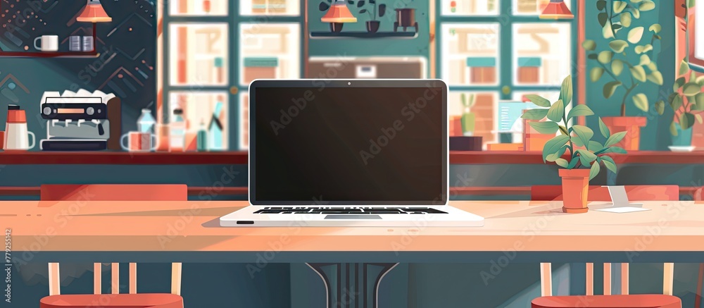 Poster A computer is placed on a wooden table inside a restaurant. The laptop is an entertainment device that serves as an output device for various tasks and activities