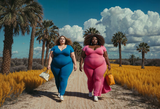 Two confident plus-size women in vibrant colored outfits stroll down a path surrounded by palm trees and a golden field under a blue sky with puffy white clouds.