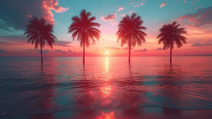 Fotobehang Palm Trees Silhouettes On Tropical Beach At Sunset - Modern Vintage Colors © Jennifer