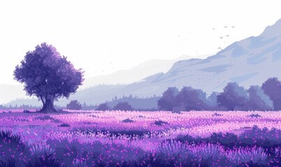 A serene digital painting depicting a single tree amidst a field of purple flowers with hills in the background, evoking a sense of calm