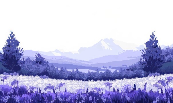A serene pixel art illustration of a sprawling lavender field under a vast, open sky with mountains in the distance The image evokes a sense of calm