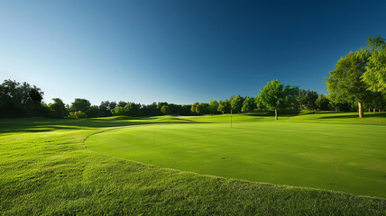 A lush green golf course with a clear blue sky overhead. - Powered by Adobe