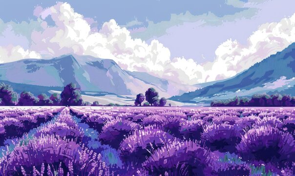 This picturesque image captures a stunning lavender field in full bloom, set against a backdrop of majestic mountains under a cloudy sky, evoking a sense of tranquility