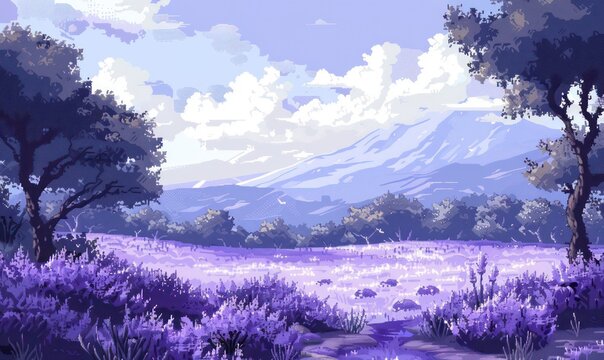 A serene and tranquil pixel art landscape representing a lavender field with lush trees and distant mountains, invoking a sense of calm and digital nostalgia
