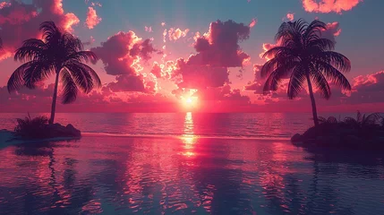 Zelfklevend Fotobehang Palm Trees Silhouettes On Tropical Beach At Sunset - Modern Vintage Colors © Jennifer