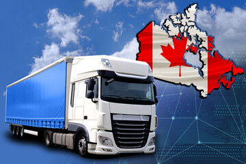 national flag of Canada, cargo van, blue sky with clouds, international trucking, cargo...