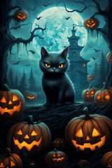 Halloween Night Black Cat and Pumpkins

