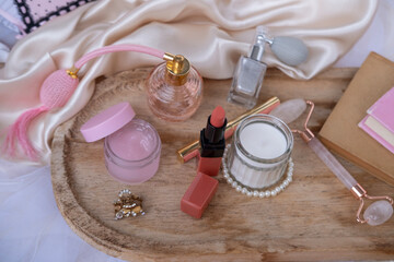 cosmetics, lipstick, perfume in spray bottle, women's underwear, retro style and elegance in fashion, suitable for topics on women's health and care