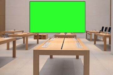 modern retail store with green screen mockup, Phone, tablet and accessories sales office, Tech...
