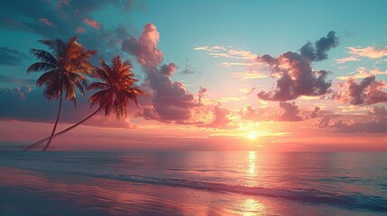 Palm Trees Silhouettes On Tropical Beach At Sunset - Modern Vintage Colors - obrazy, fototapety, plakaty