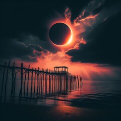 Solar eclipse over the sea with ocean pier. - obrazy, fototapety, plakaty
