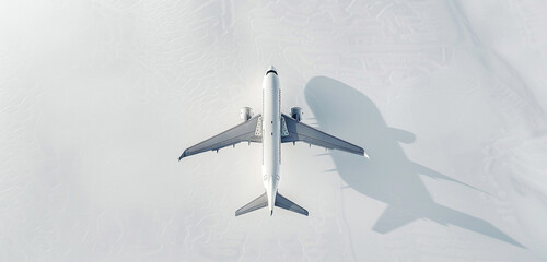 A breathtaking aerial view capturing the beauty of a 3D airplane soaring above a pristine white...