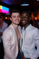 Gay multi ethnic couple smiling at a party