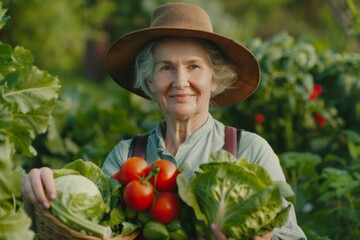 A mature woman holding basket of fresh vegetables. The concept of healthy eating and self-growing healthy food