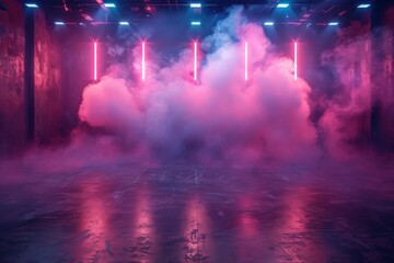 An enveloping cloud of smoke dominates the foreground of this cyberpunk-inspired industrial atmosphere with vertical neon lights - obrazy, fototapety, plakaty