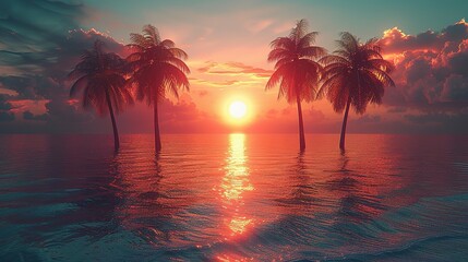Palm Trees Silhouettes On Tropical Beach At Sunset - Modern Vintage Colors - obrazy, fototapety, plakaty