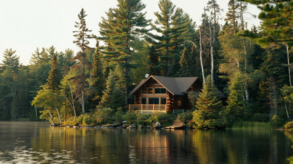 Fototapeta na wymiar A serene lakeside cabin enveloped by towering pine trees and calm waters.