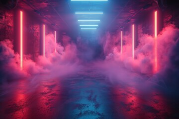 This image portrays a hallway awash with neon light and smoke, setting a striking sci-fi mood