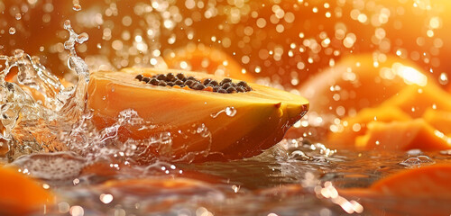 A captivating collision as a ripe papaya meets a cascade of water, against a backdrop of warm...