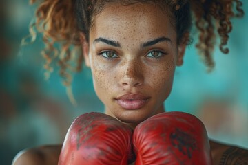 Focused young female boxer with red gloves poised for a fight, showcasing determination and strength