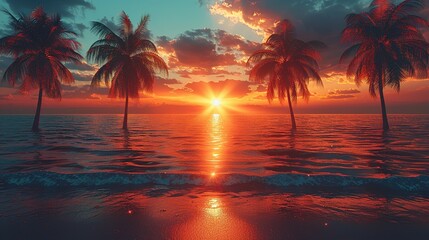 Fototapeta premium Palm Trees Silhouettes On Tropical Beach At Sunset - Modern Vintage Colors