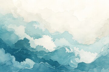 Abstract ocean waves, teal and blue watercolor background