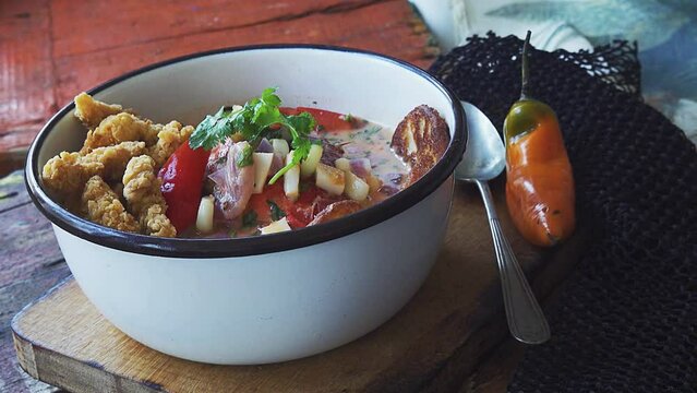Peruvian Delicacy: Ceviche and Squid Chicharron Served in a Plate in 4K Video