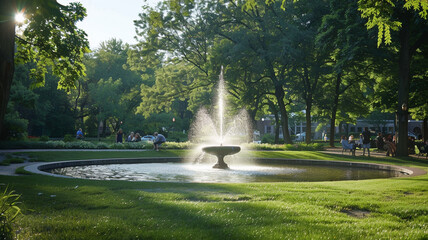 A tranquil park with a sparkling fountain and people enjoying picnics.