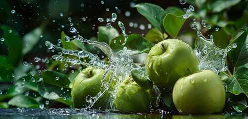 A tantalizing splash of water embracing a handful of green apples, set against a backdrop of fresh foliage, enticing the viewer with its crispness and natural beauty - obrazy, fototapety, plakaty