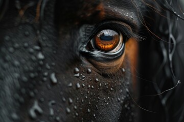 This detailed image captures the reflective eye of a horse adorned with water droplets, showcasing nature's beauty and mystery