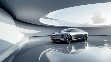 Naklejka premium The new energy vehicle is displayed in the center of an abstract background with circular curves and light reflection on its body