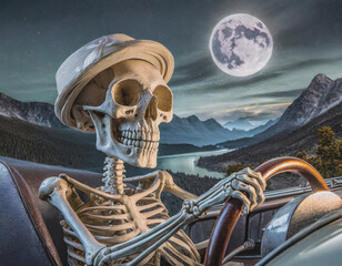 Skeleton Wearing a Hat Driving a Convertible Car on Moonlit Night AI - obrazy, fototapety, plakaty