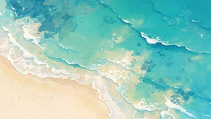 Fototapeta na wymiar An aerial view of the ocean waves hitting sand, a top down view in a bird's eye perspective of a beach scene