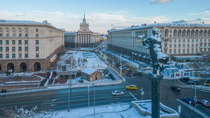 Winter aerial of Largo square in Sofia with national assembly building, Bulgaria - obrazy, fototapety, plakaty