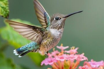 An exquisite shot of a hummingbird in mid-flight, wings spread, hovering over pink blooming flowers